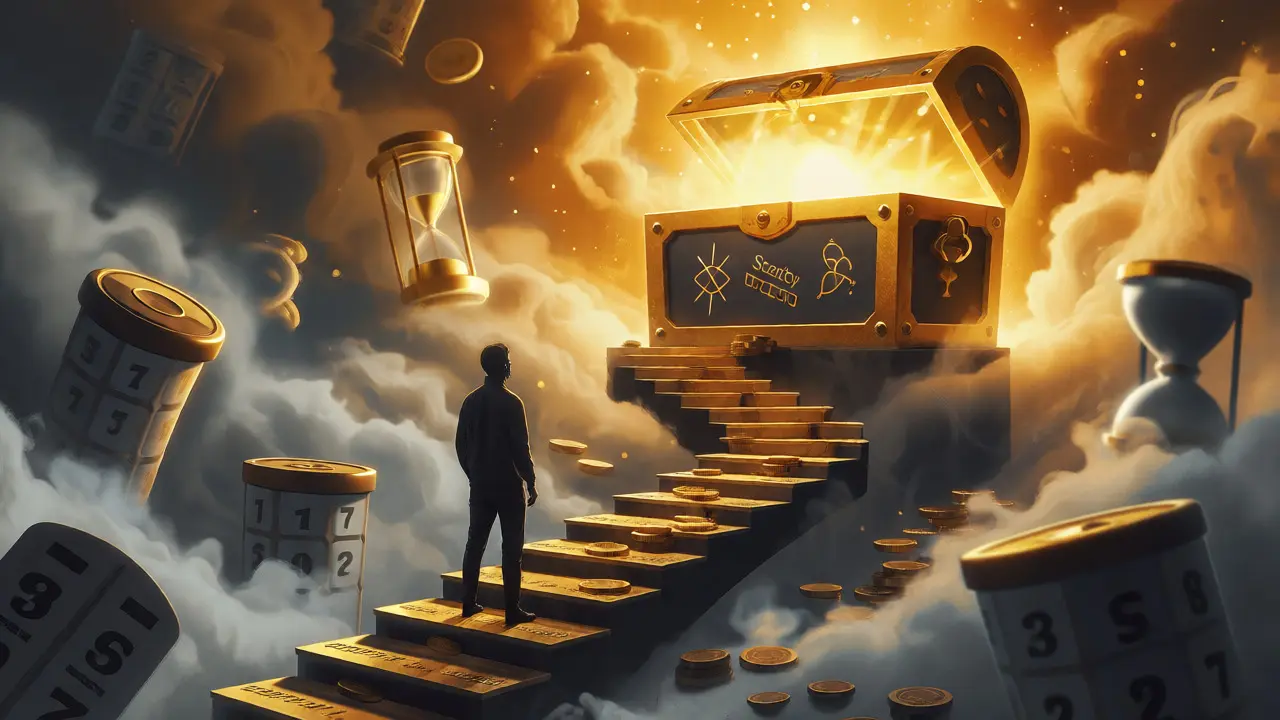 A person climbs a staircase of coins toward a glowing treasure chest surrounded by slot machines and hourglasses.