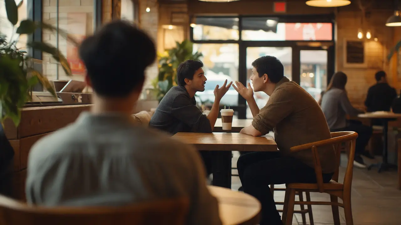 A person observing two people having a conversation in a coffee shop, focusing on their body language.