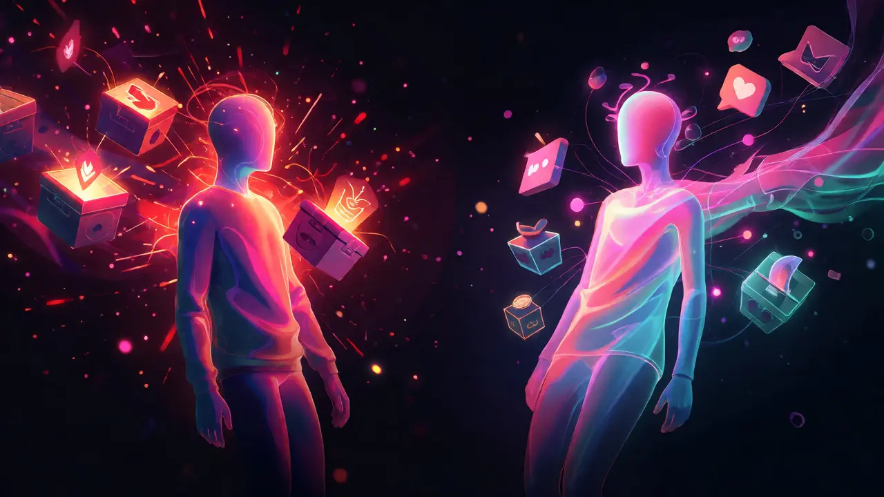 Abstract visualization of gaming dopamine loops showing competitive vs social rewards.