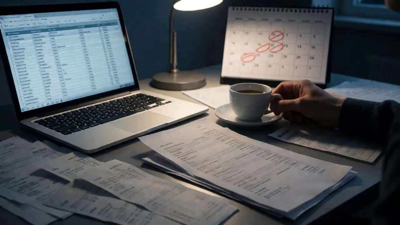 Close-up of a stressed GAA Treasurer working late on financial records and budgets.