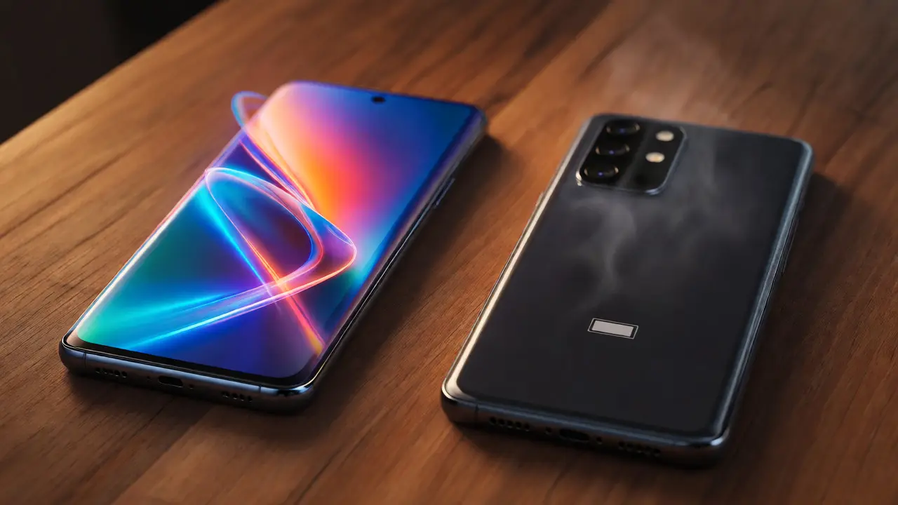 Comparison of a sleek flagship phone and an older budget phone on a table
