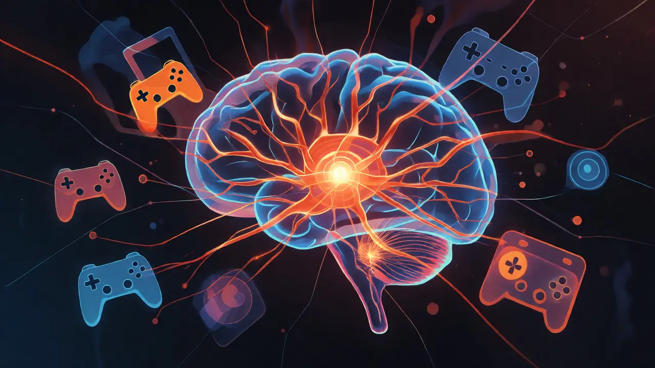 Conceptual art of a glowing brain connected to gaming icons, illustrating neurological reward system hijacking.