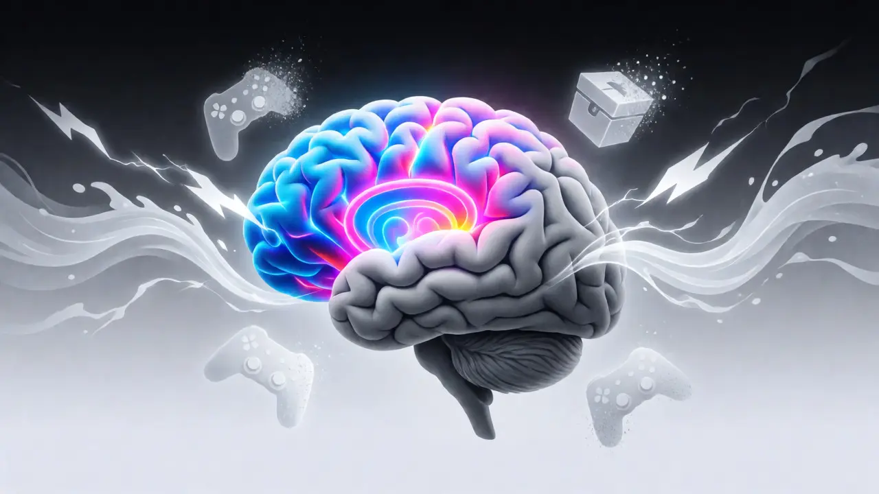 Conceptual art showing a brain transitioning from bright neon gaming stimuli to calm, muted gray tones.