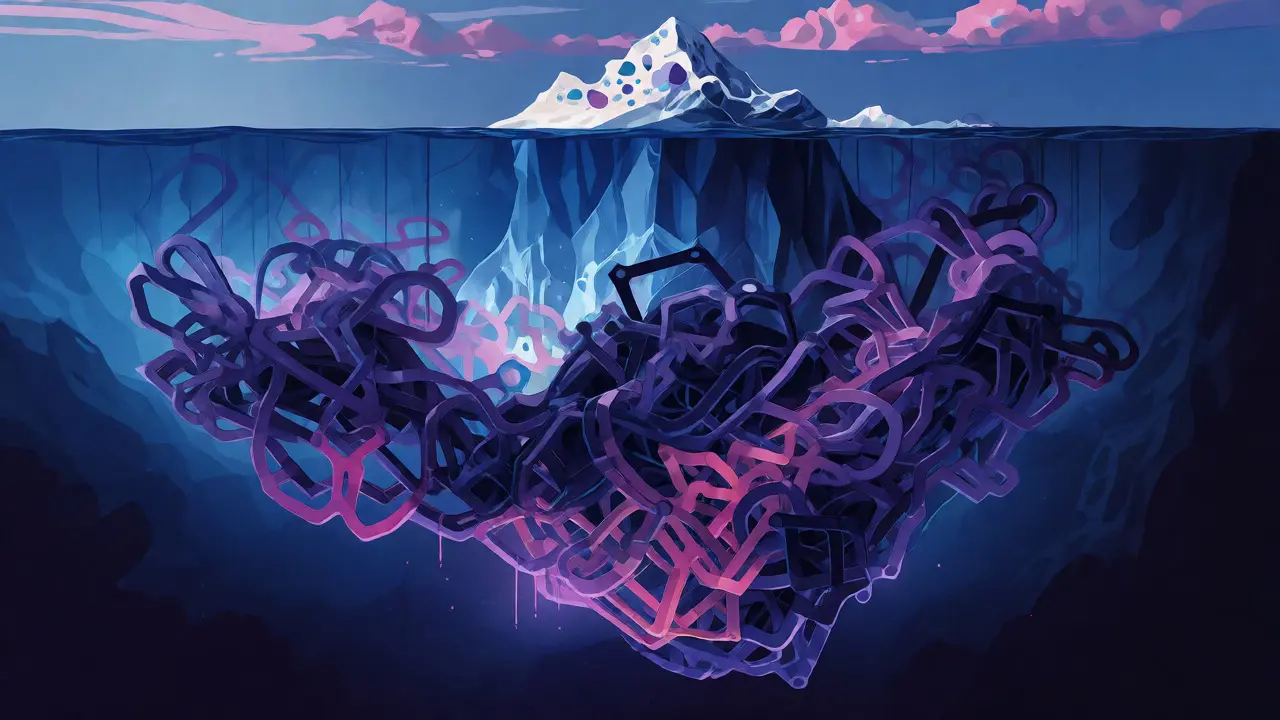 Conceptual iceberg illustration showing visible symptoms above and complex comorbidities below.