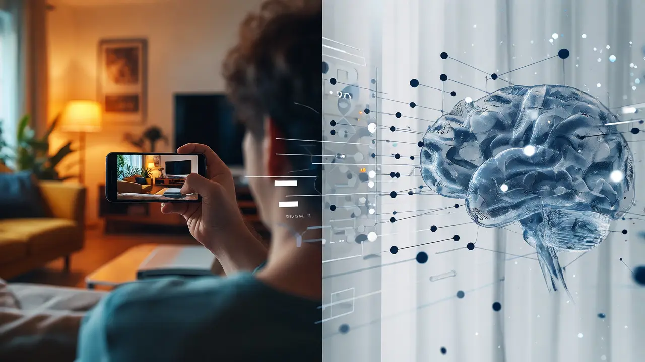 Conceptual image merging a virtual home tour with clinical diagnostic data overlays.