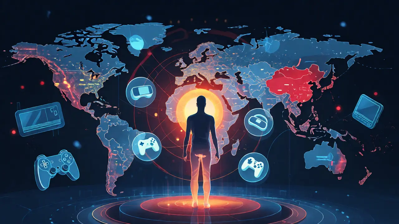 Conceptual image of a human silhouette surrounded by gaming icons against a global map background.