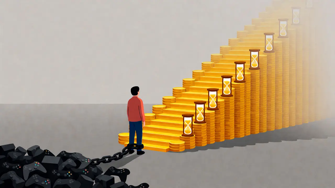 Conceptual image of a person chained to past gaming investments facing an uncertain future