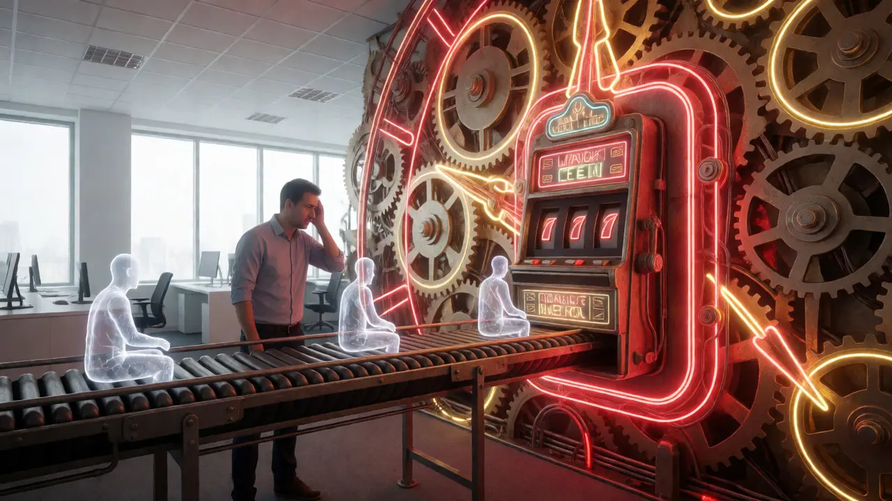 Designer inside surreal clockwork mechanism trapping player figures