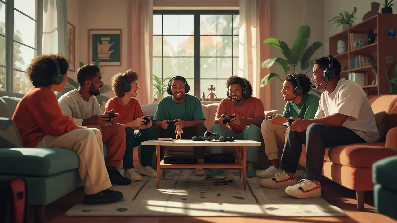 Diverse group of BIPOC gamers laughing together in a sunlit living room.