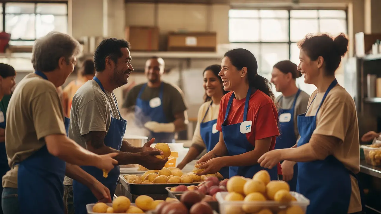 Diverse group of volunteers laughing and working together in a bright community kitchen.