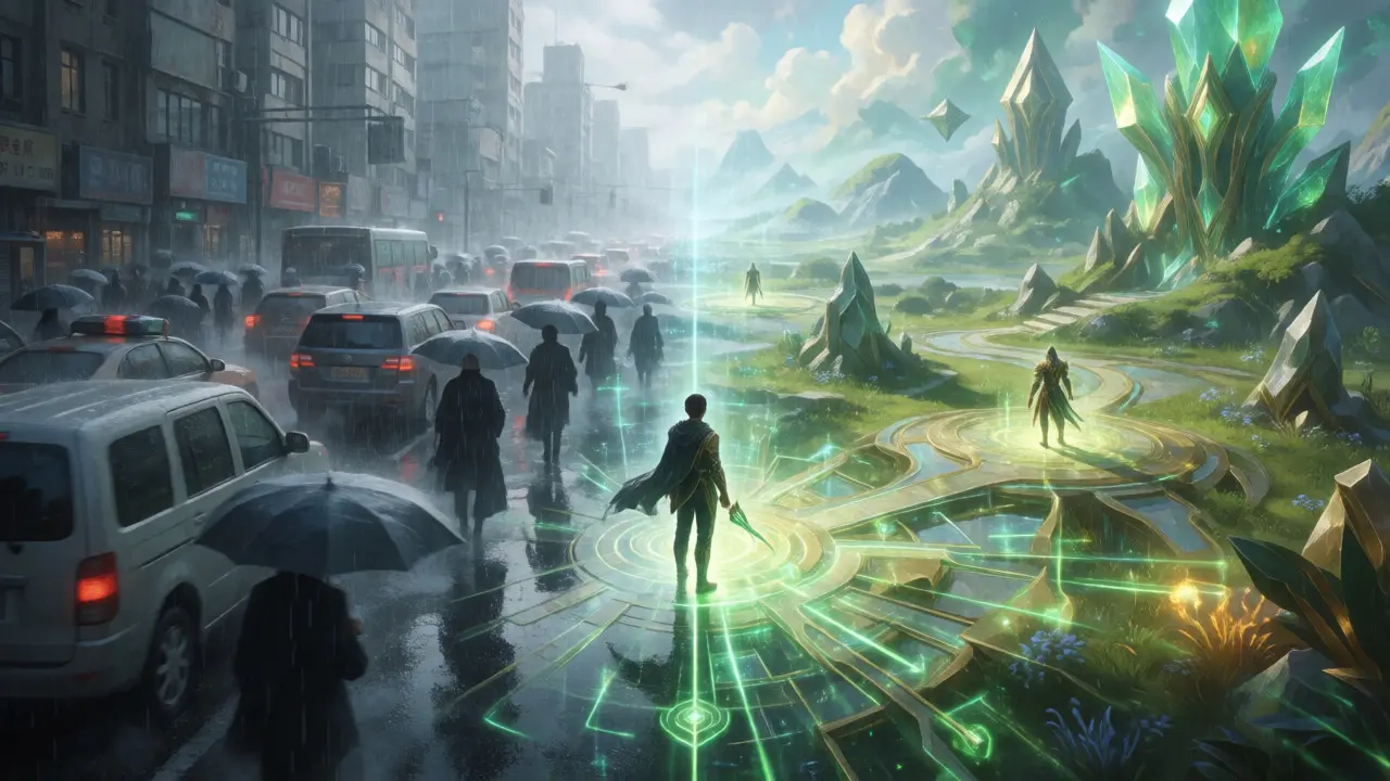 Double exposure blending a stressful cityscape with a vibrant fantasy game world.