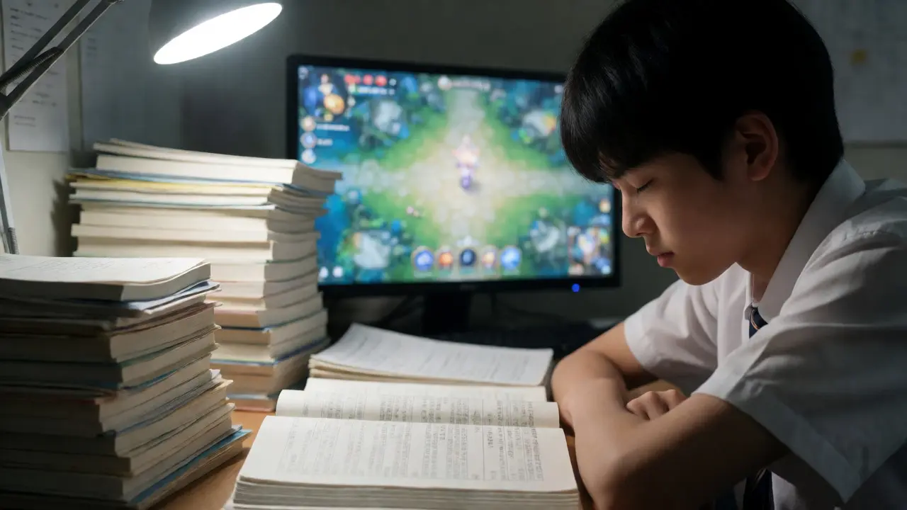 Exhausted student studying amidst books with a glowing game screen in the background.