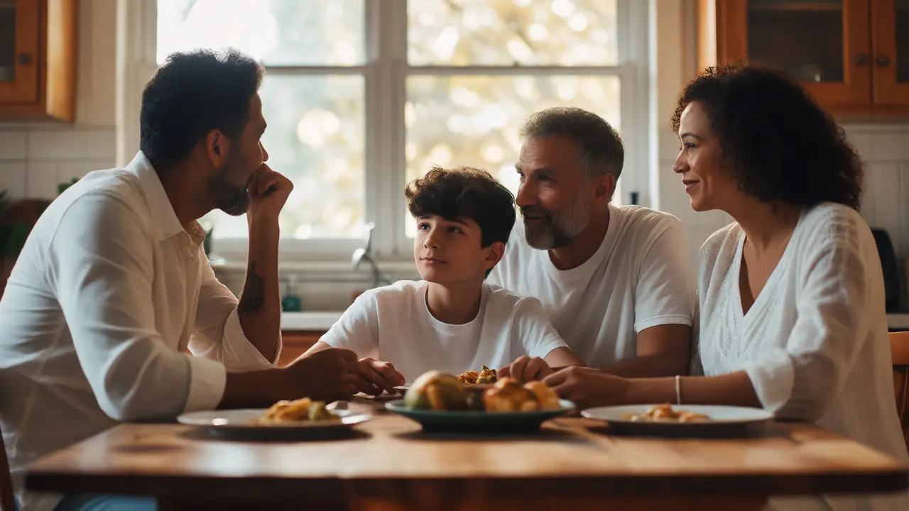 Family sharing a calm, connected dinner without distractions
