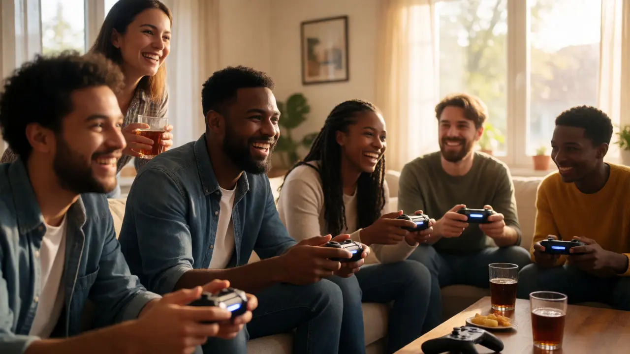 Friends enjoying a cooperative video game session in a bright, sunlit living room.