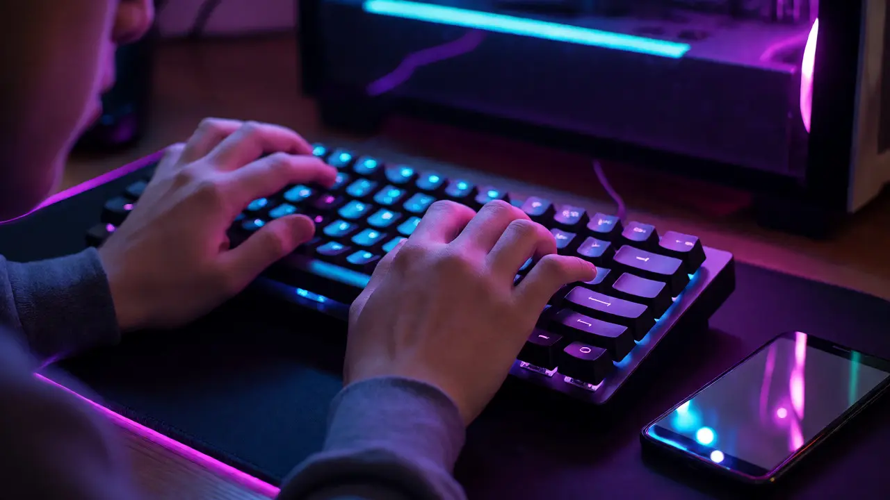 Gamer's hands on a keyboard lit by RGB lights, indicating late-night gaming habits.