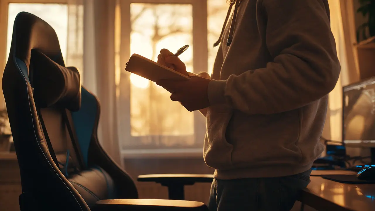 Gamer standing up to take a mindful break, holding a notebook in warm natural light.