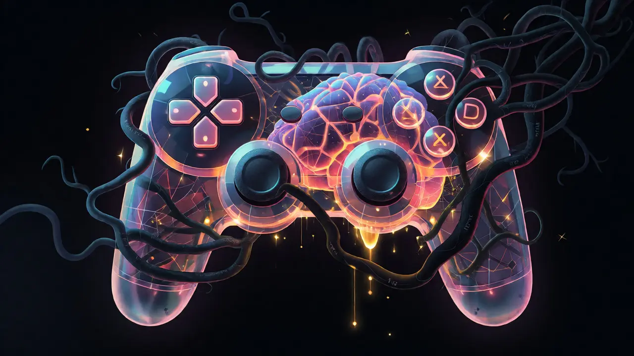 Gaming controller entangled in dark vines with fading golden sparks.
