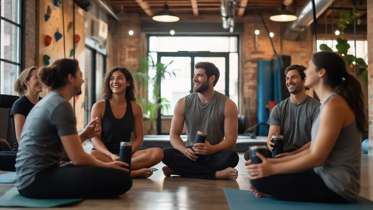 Group of friends relaxing and connecting in a modern, welcoming climbing gym after a workout.