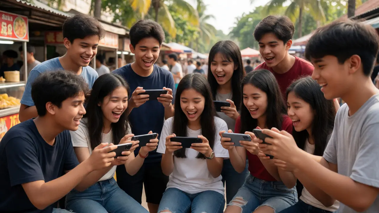 Group of teens playing mobile games together in a lively outdoor market setting.