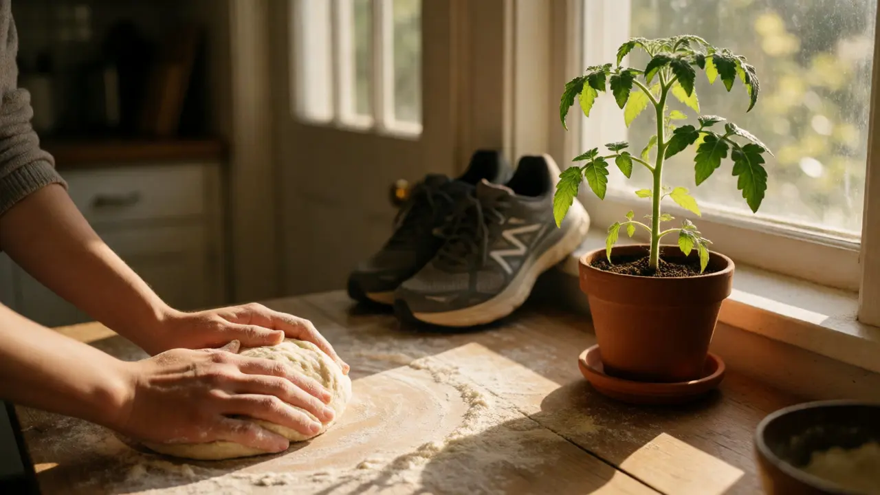 Hands kneading dough near a sunlit window with a potted plant, representing grounding analog hobbies.