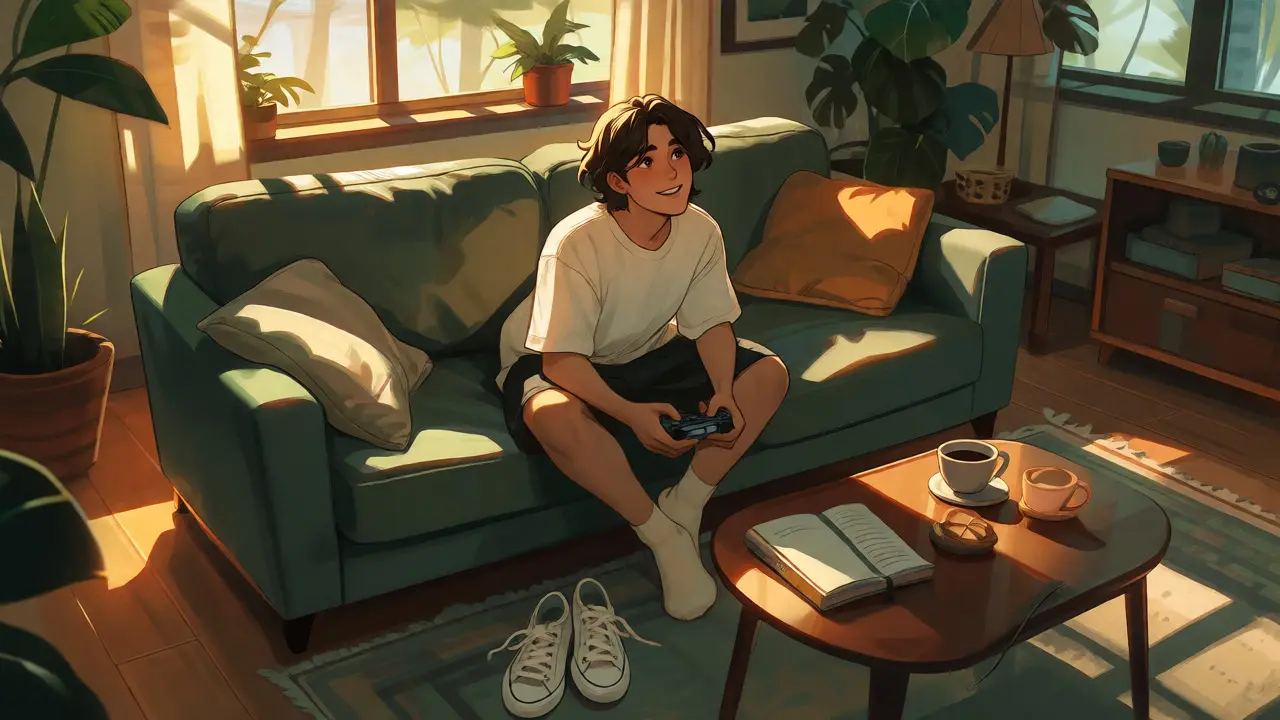 Happy gamer relaxing in sunlit living room