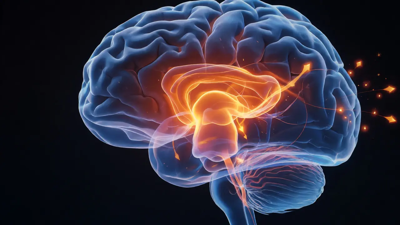 Illustration of a human brain with glowing reward centers activated by gaming cues.