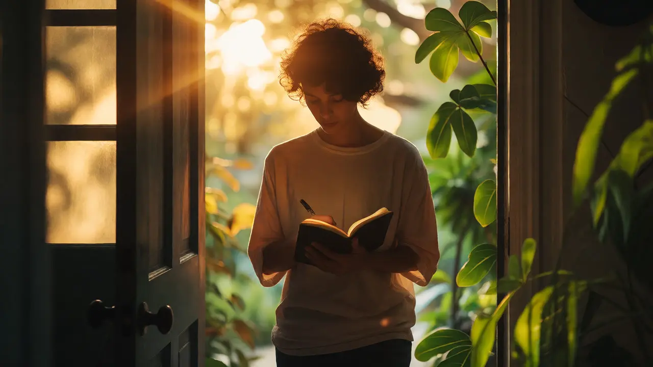 Individual stepping from darkness into sunlight with a notebook.