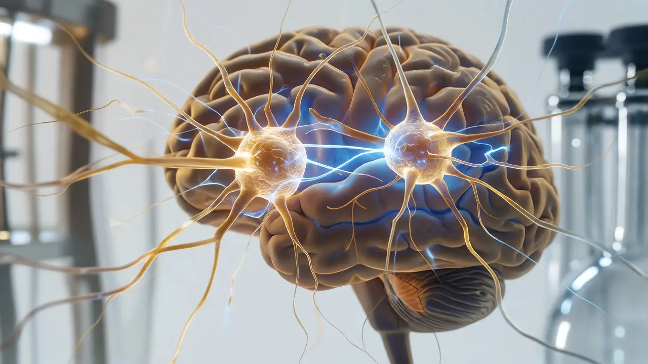 Macro view of a brain model with glowing neural pathways linking two condition clusters.