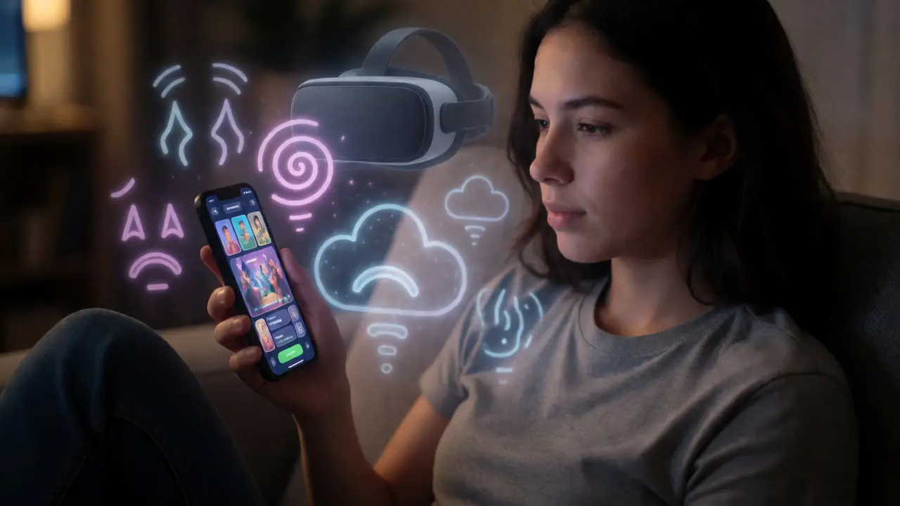 Person gaming on phone with ghostly overlays of mental health conditions and VR tech