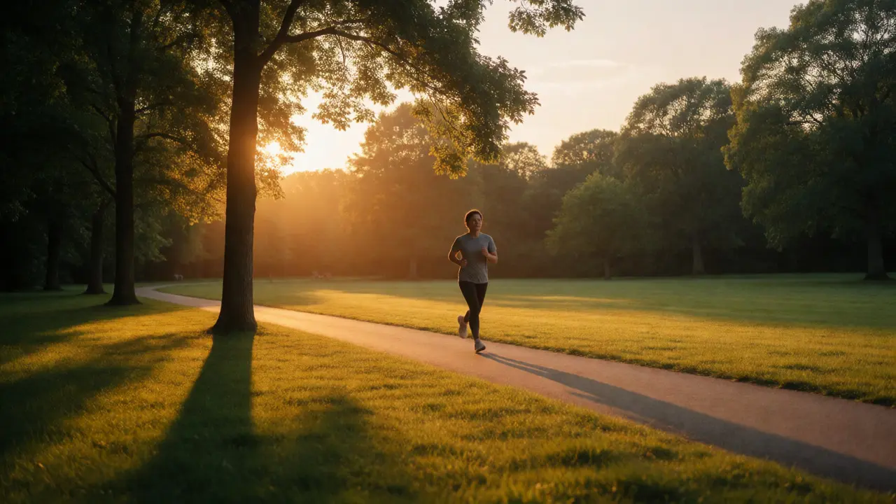 Person jogging peacefully in a sunlit park to reset mental clarity after gaming.