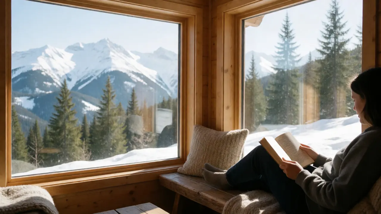 Person reading a physical book in a cabin with a mountain view, no screens visible.