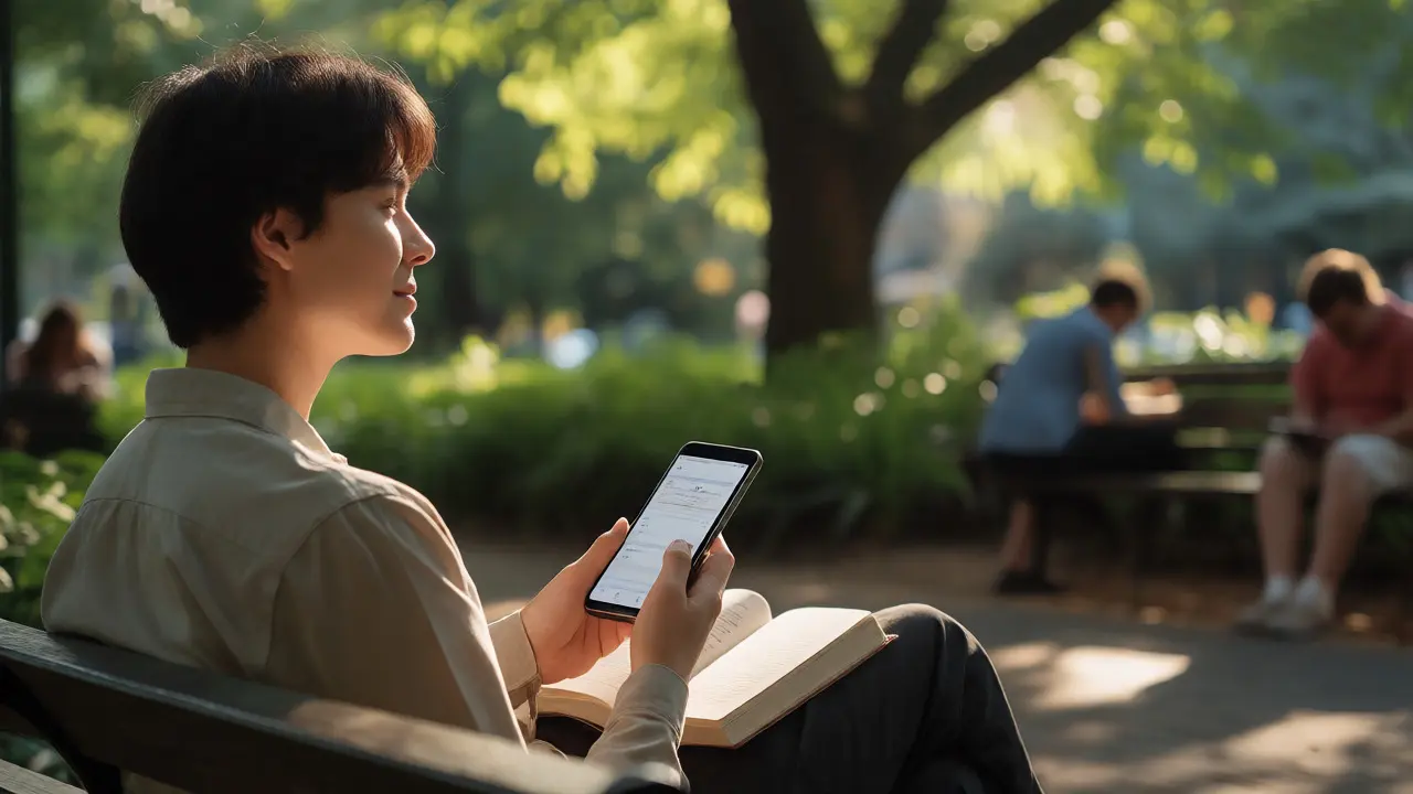 Person relaxing on a park bench with a basic phone and a book