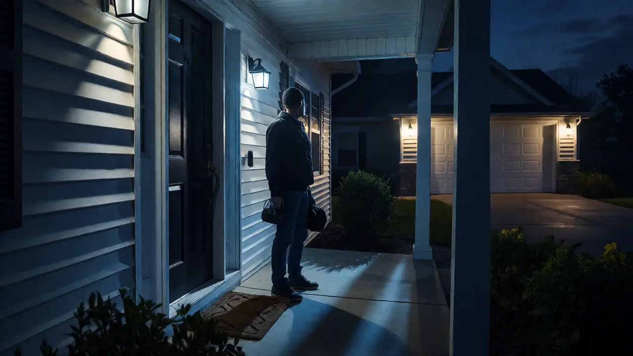 Person standing vigilantly on a lit front porch at night