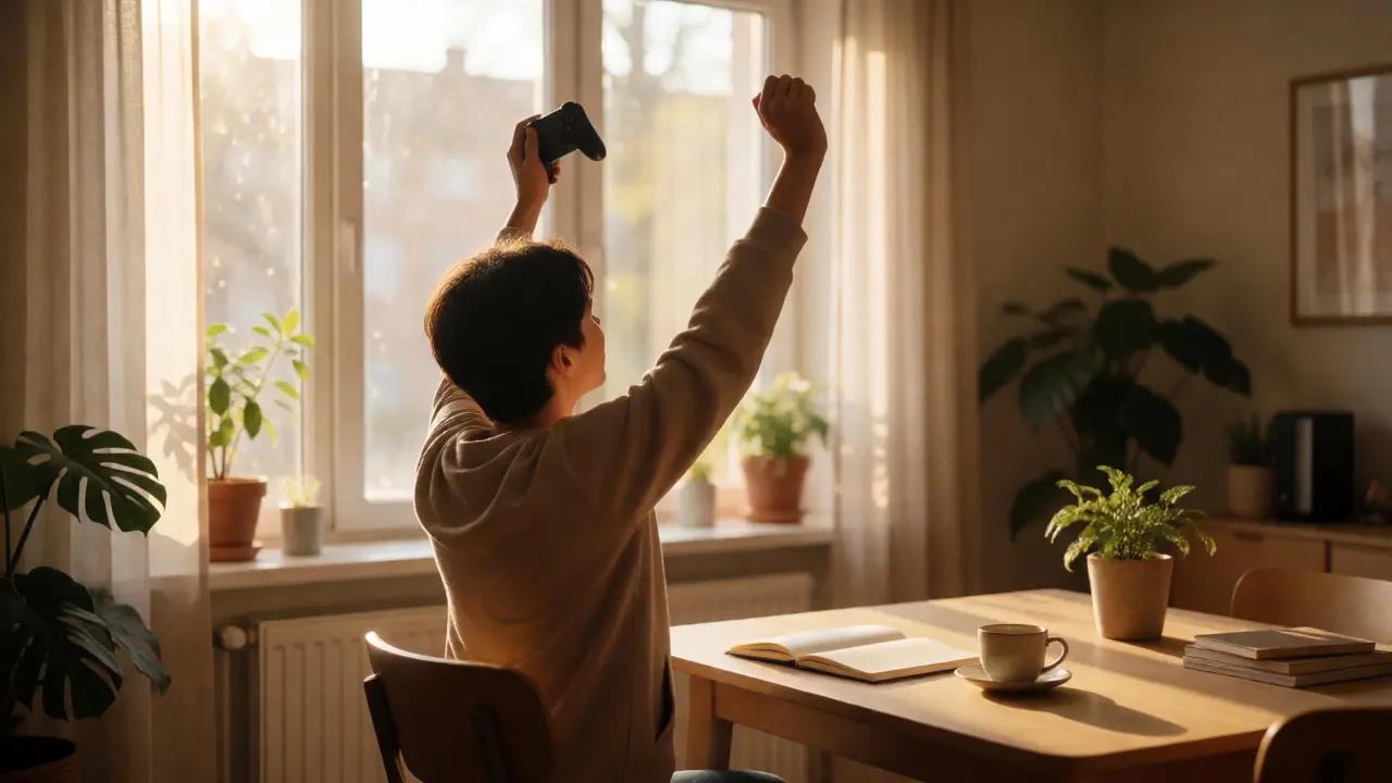 Person stretching by a sunlit window after playing games, holding a controller.