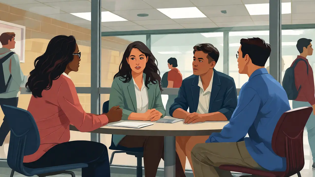 School counselors and psychologists discussing student care in an office