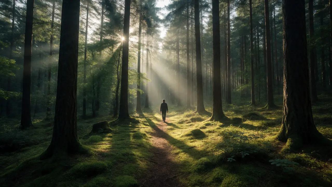 Solitary figure walking through a sun-dappled pine forest during forest bathing.