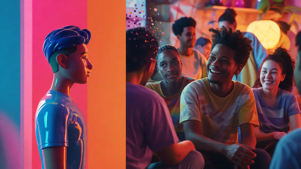 Split image showing superficial game avatars versus a real diverse gaming community.