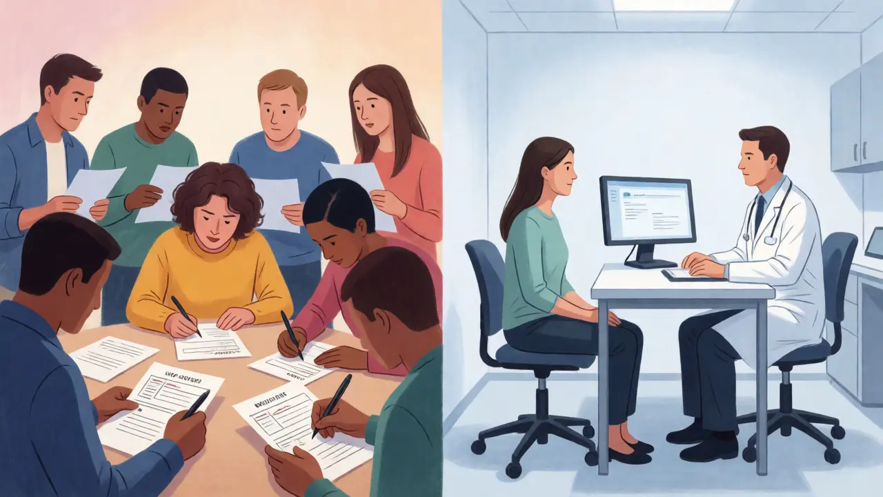 Split view comparing chaotic self-report surveys versus structured clinical interviews