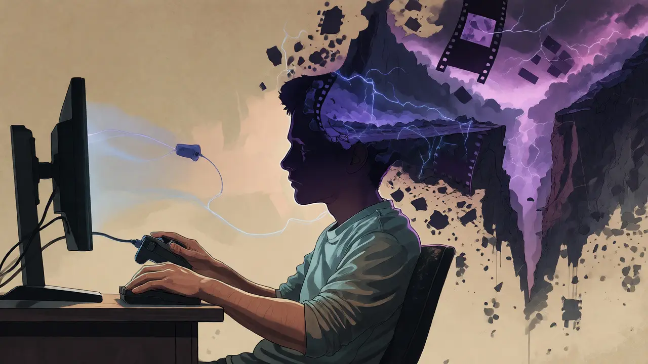 Split view of a calm gamer externally versus a chaotic, stormy mental landscape internally.