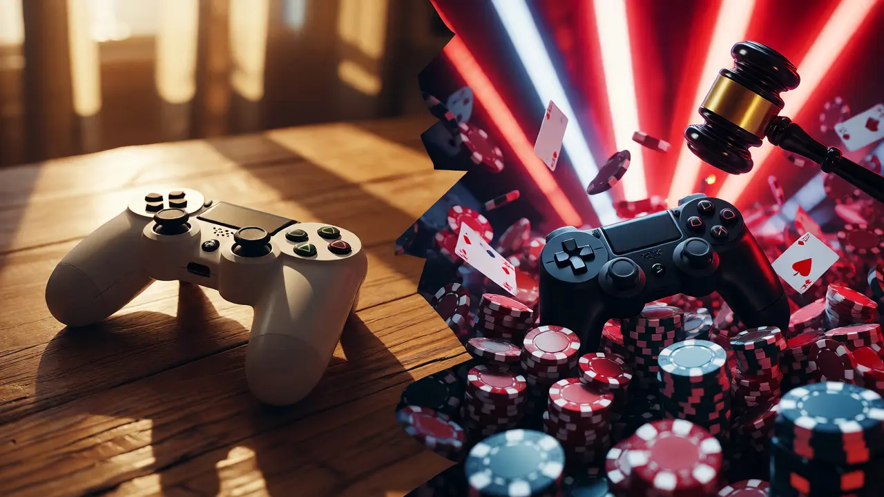 Split view of peaceful gaming versus chaotic loot box gambling