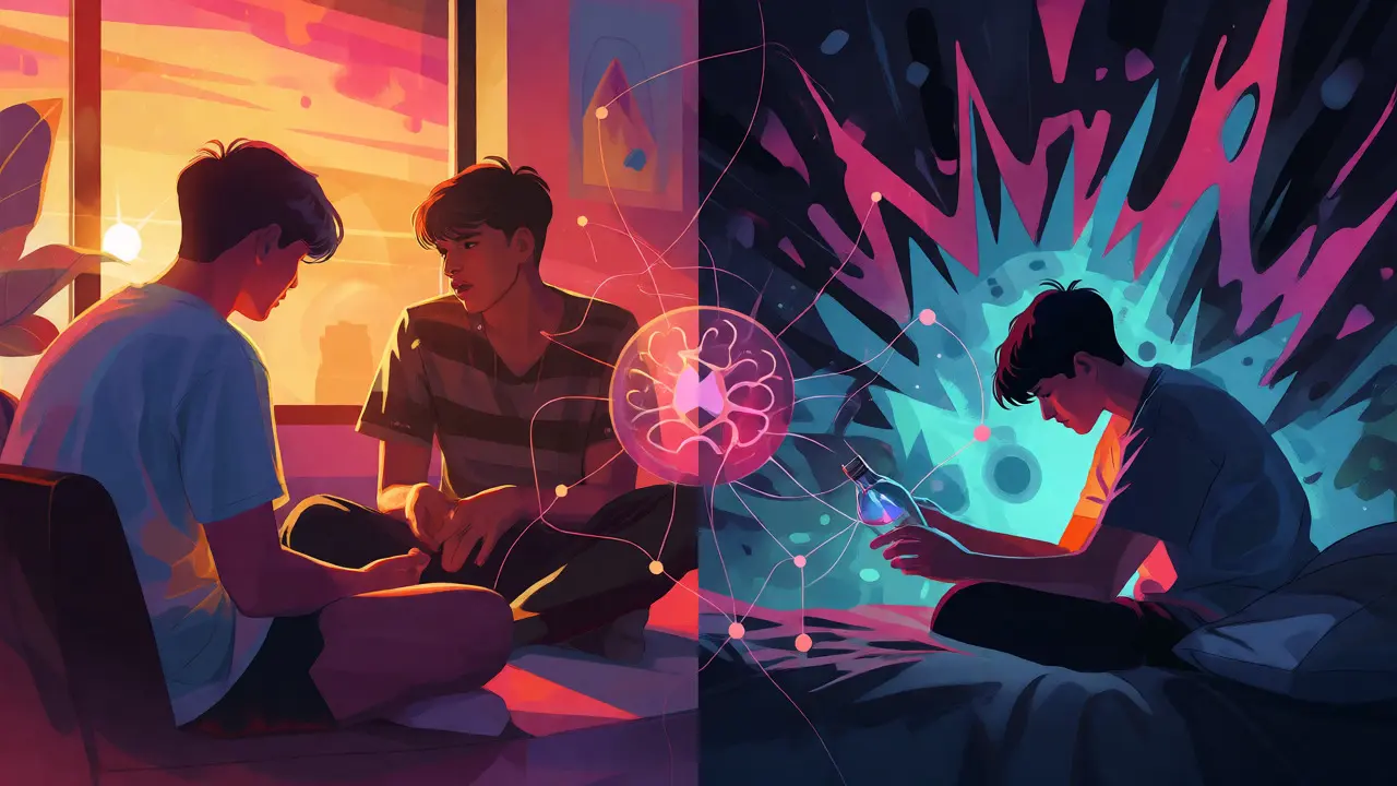 Split view of teen socializing vs. isolated in shadowy room
