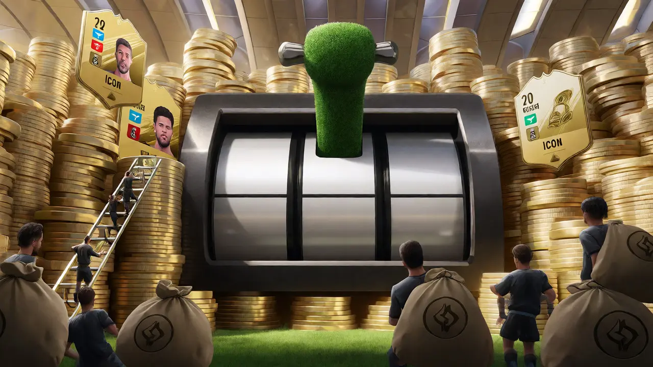 Stadium built of cards with slot machine and paying players