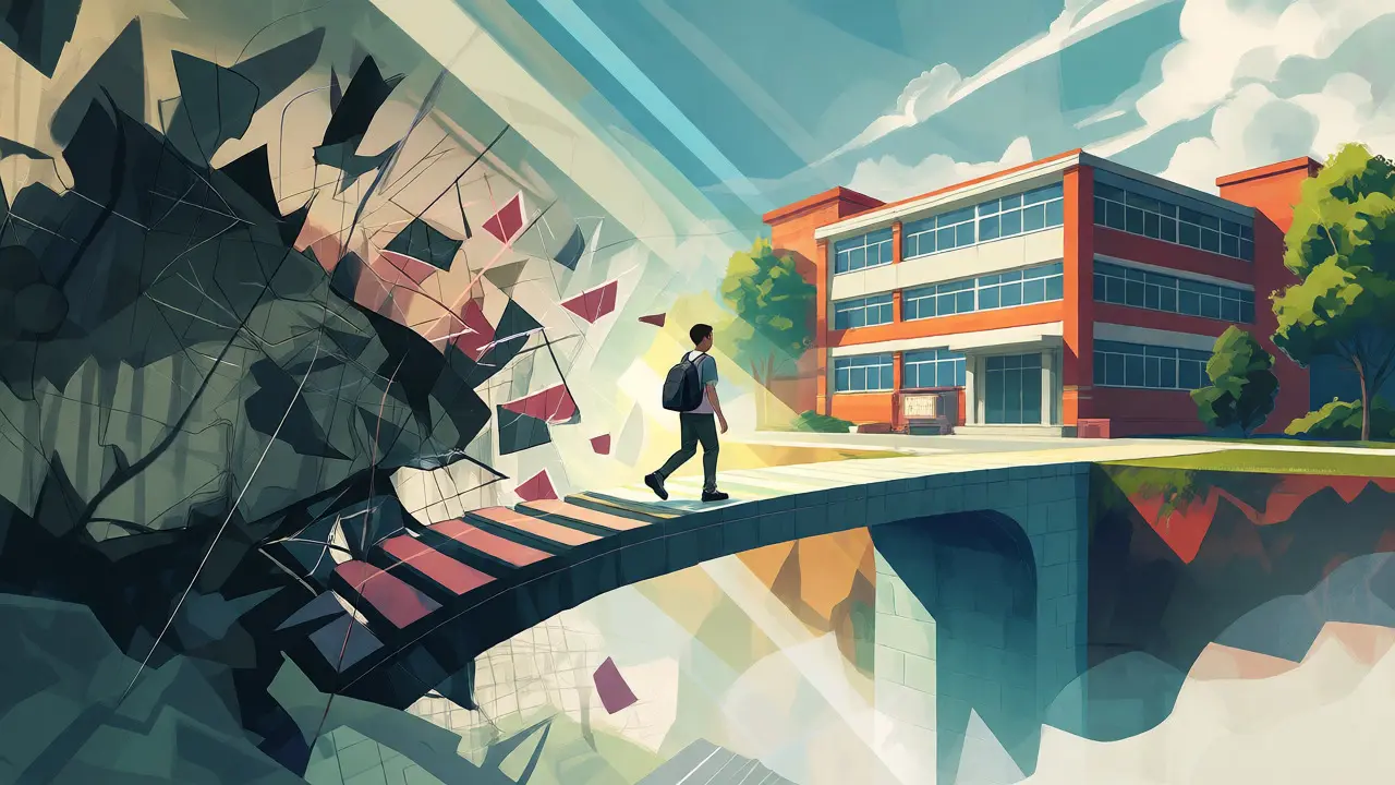 Student crossing a glowing bridge from stressful home to safe school