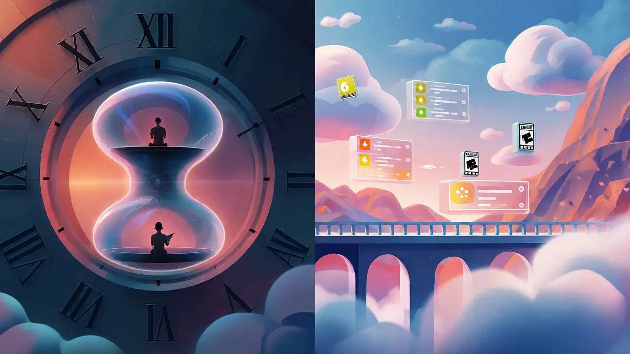 Surreal split image contrasting strict Chinese time limits with Western freedom