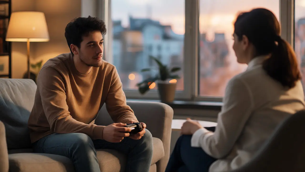 Therapist and client in a sunlit office discussing gaming habits without screens present.