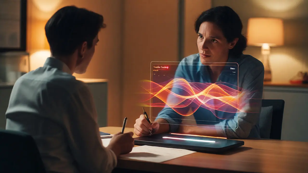 Therapist and patient in a consultation, visualizing craving intensity through abstract data projections.