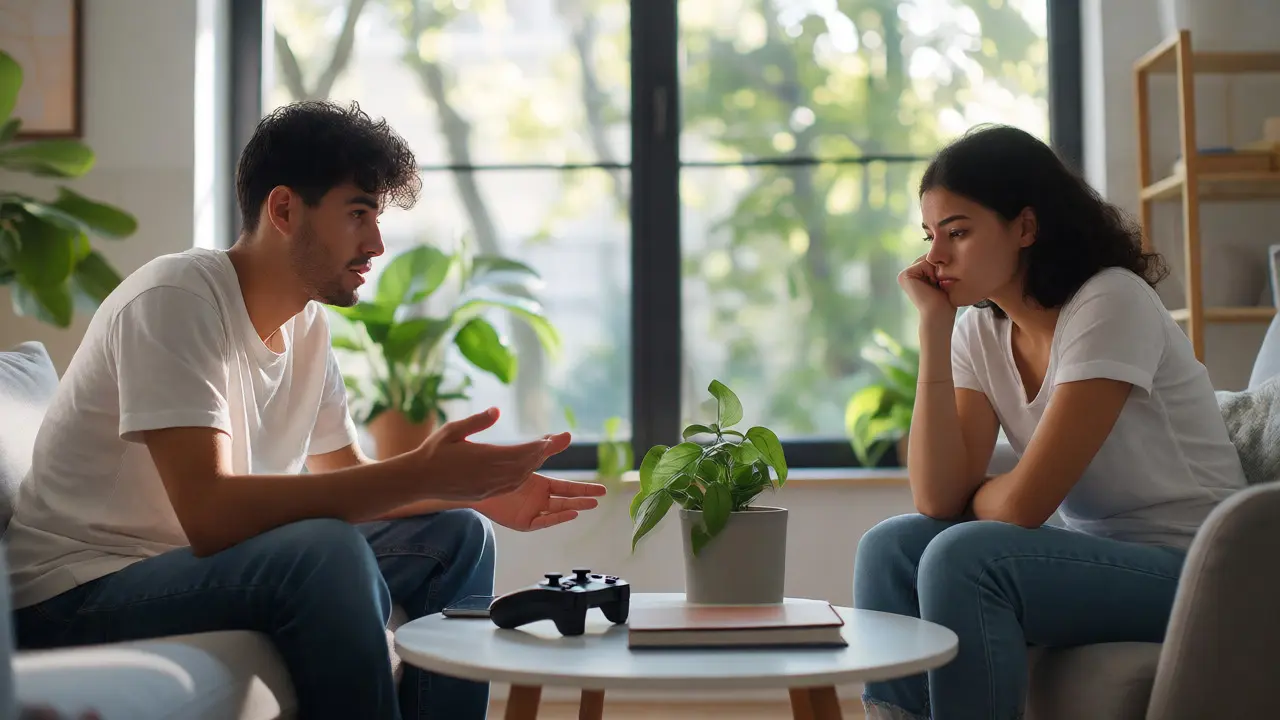 Therapist counseling a male and female patient about gaming addiction in a bright office.