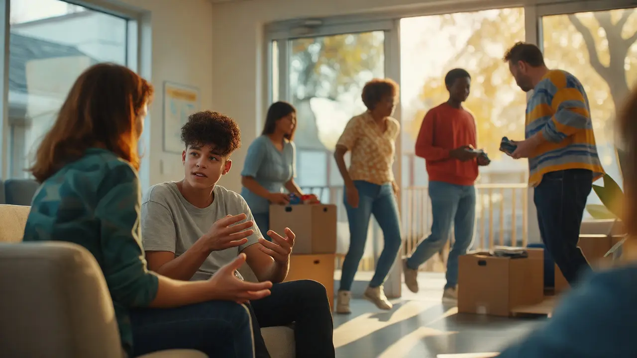 Therapist talking with a patient in a bright room while others put away gaming equipment.