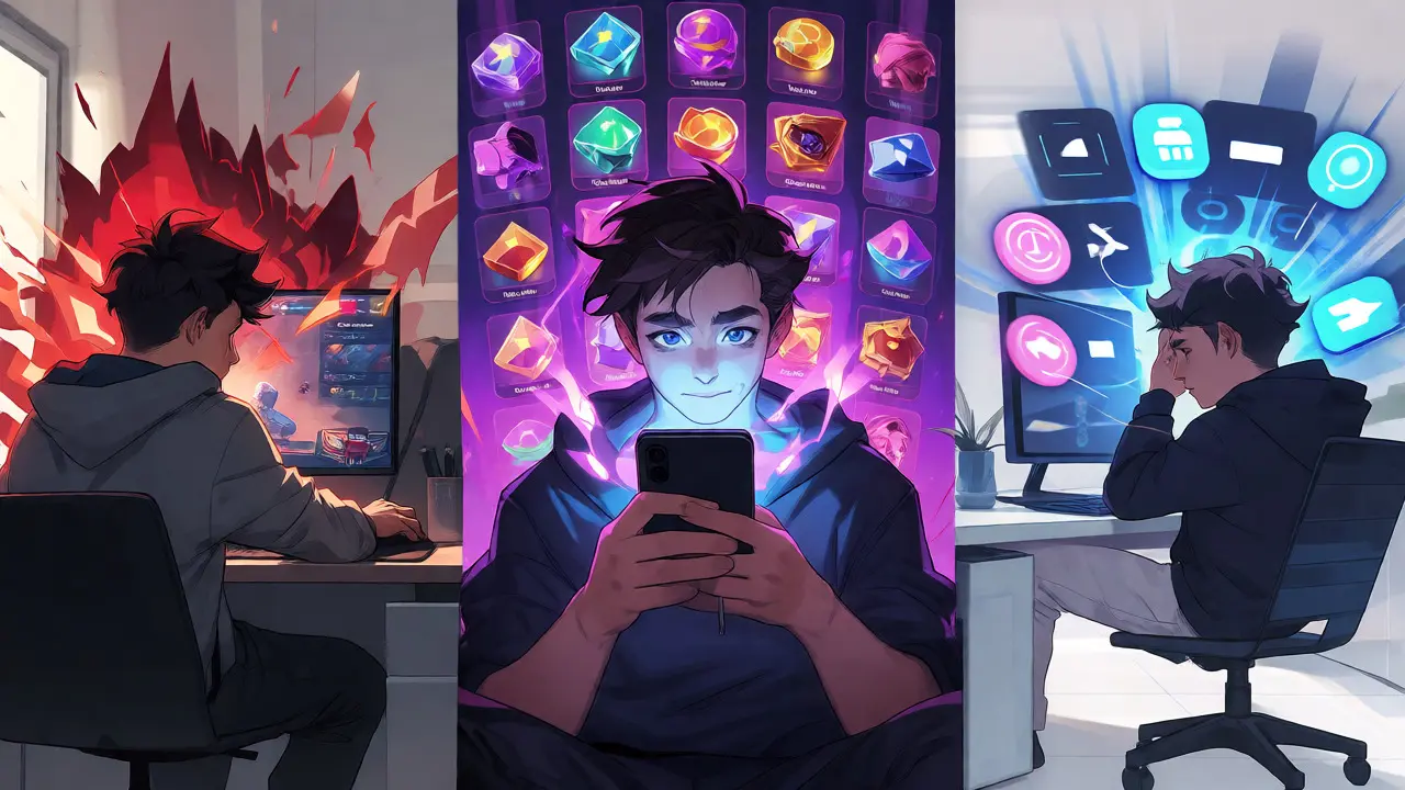 Three gamer archetypes shown side-by-side: competitive, collector, and time-saver, each interacting with game UI.