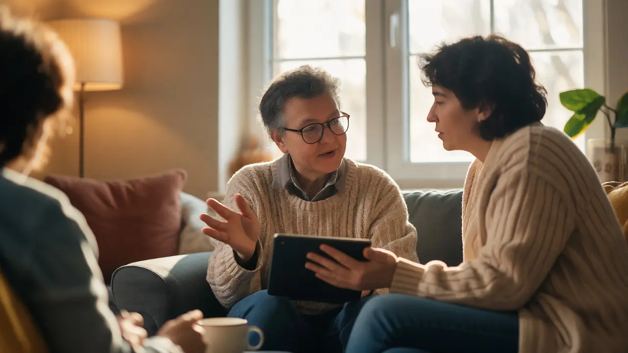 Two people discussing data on tablet in supportive setting